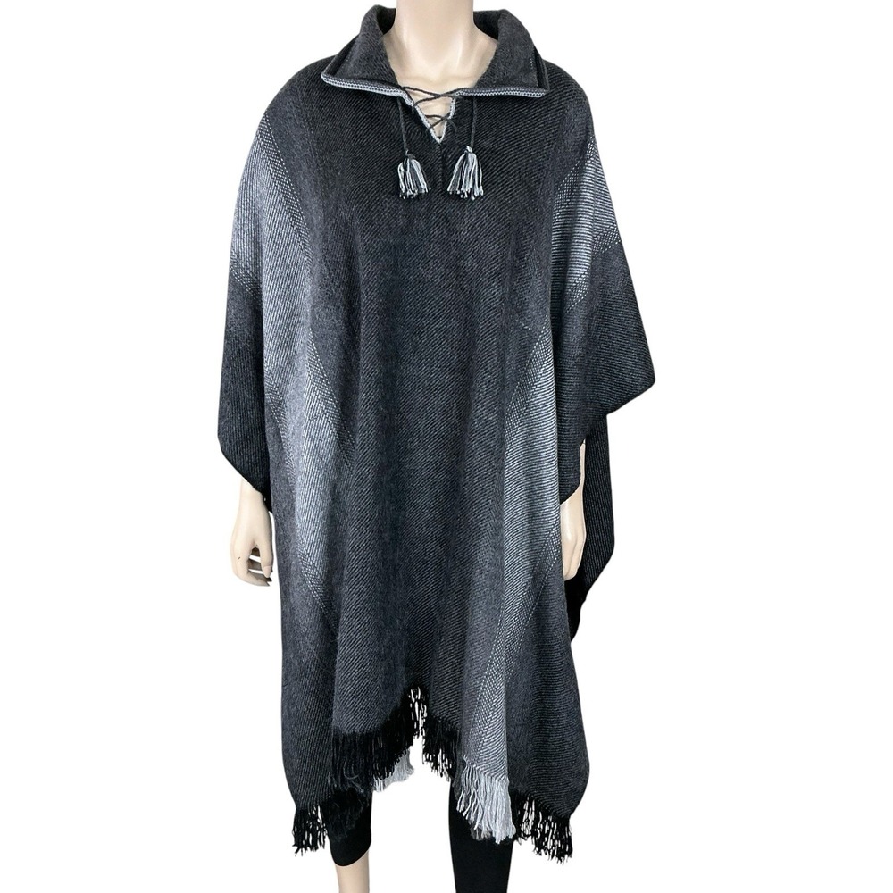 Gamboa ALPACA Wool Poncho Rancho Blanket Soft Warm Cloak Black Gray OS NWOT